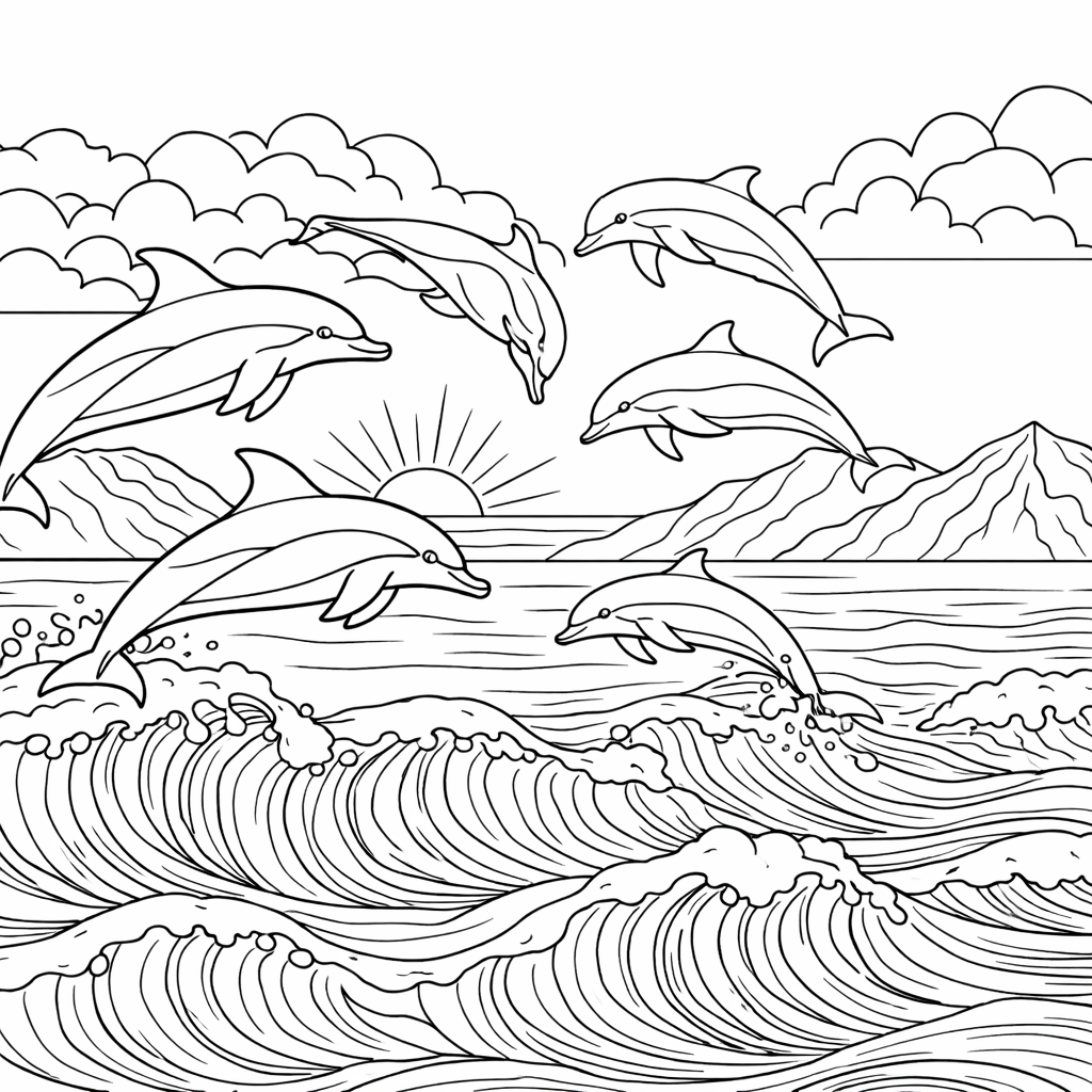 Dolphin Art coloring page – printable ocean design with dolphins and waves for mindfulness and creativity