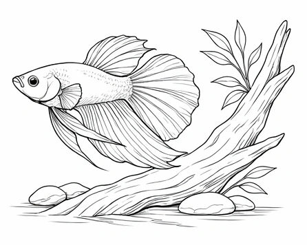 Betta Fish on Driftwood Coloring Page