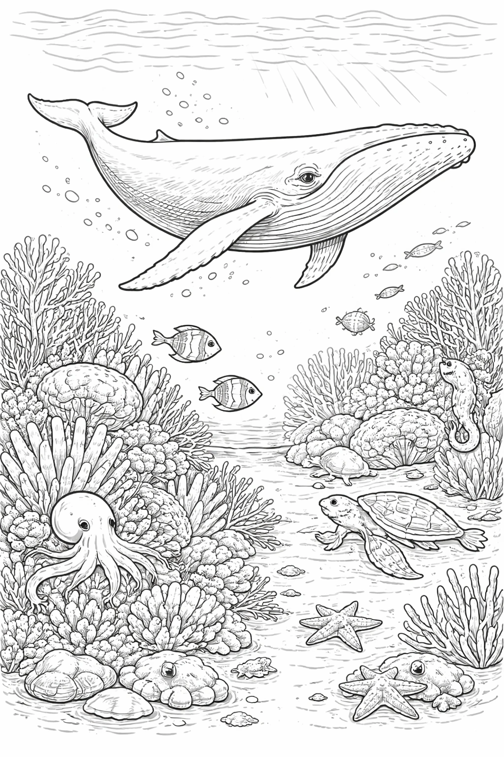 Whale in Coral Reef Coloring Page
