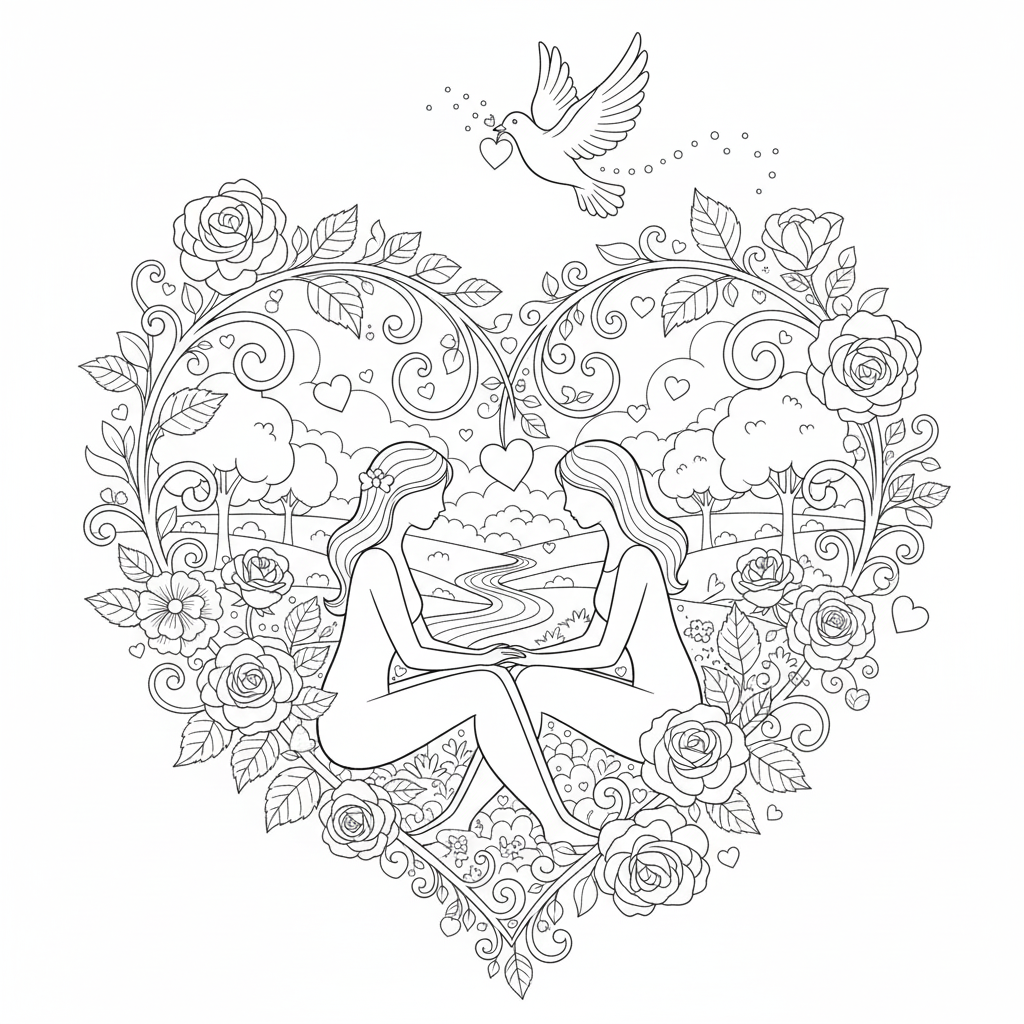 Floral Heart with Love Birds Coloring Page