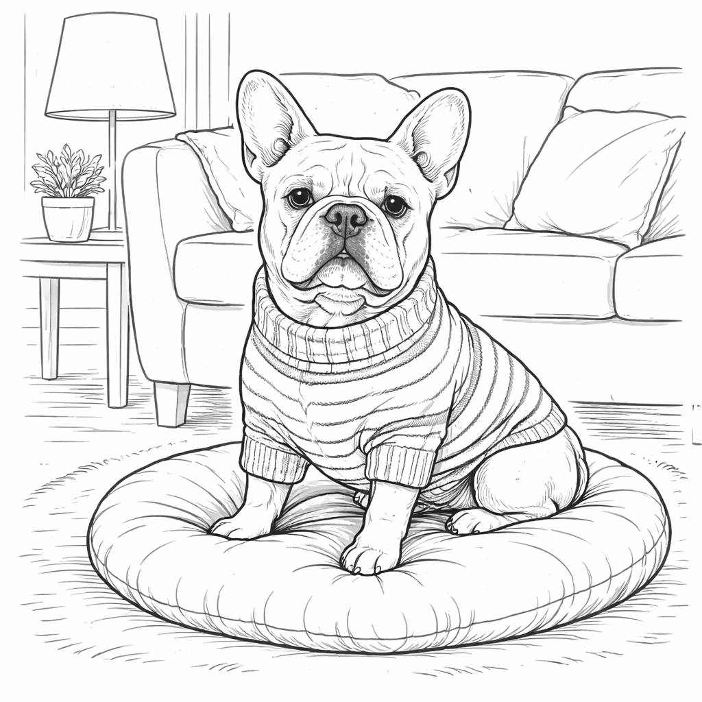 Bulldog in Sweater on Cushion Coloring Page