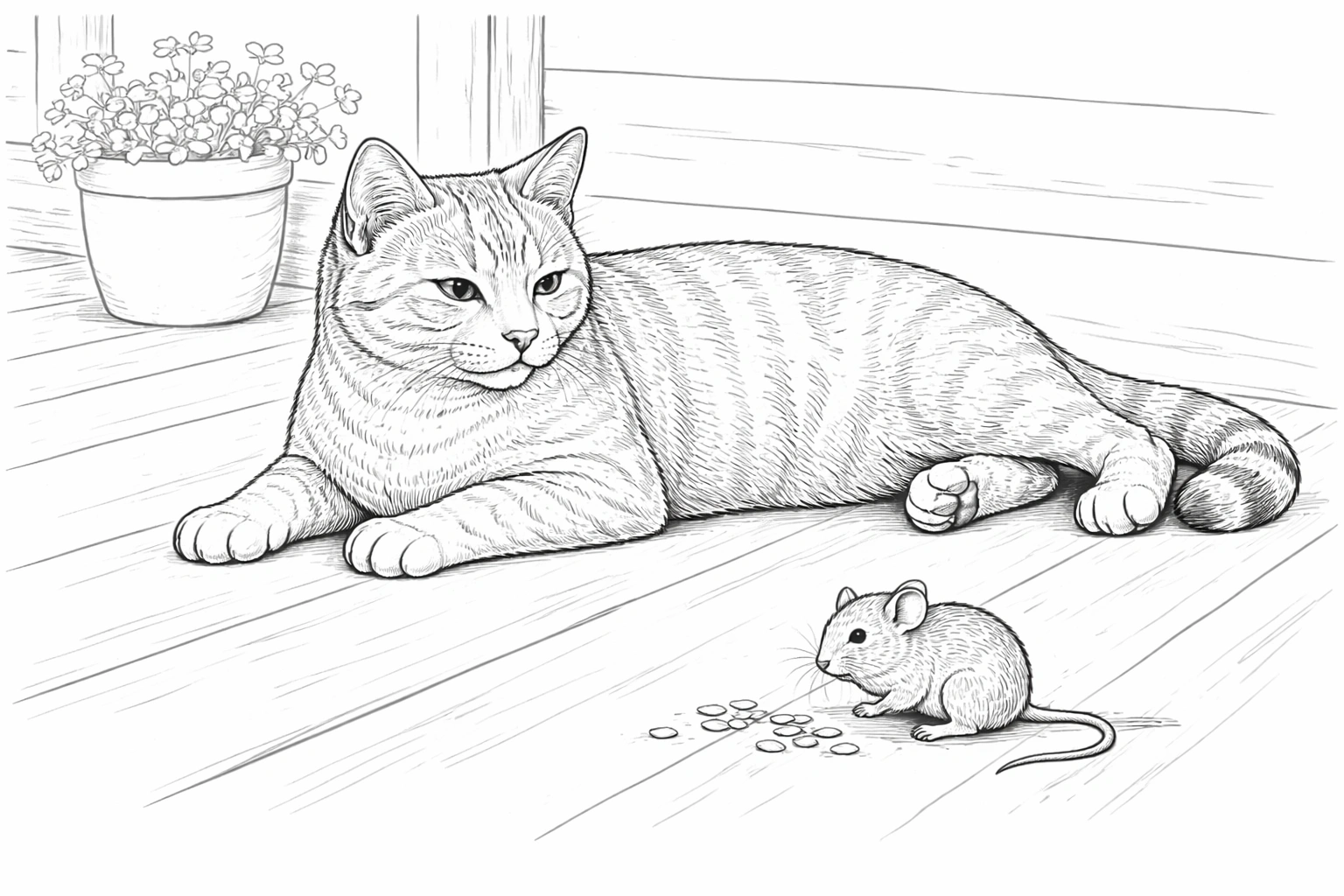 Cat and Mouse Barn Scene Coloring Page