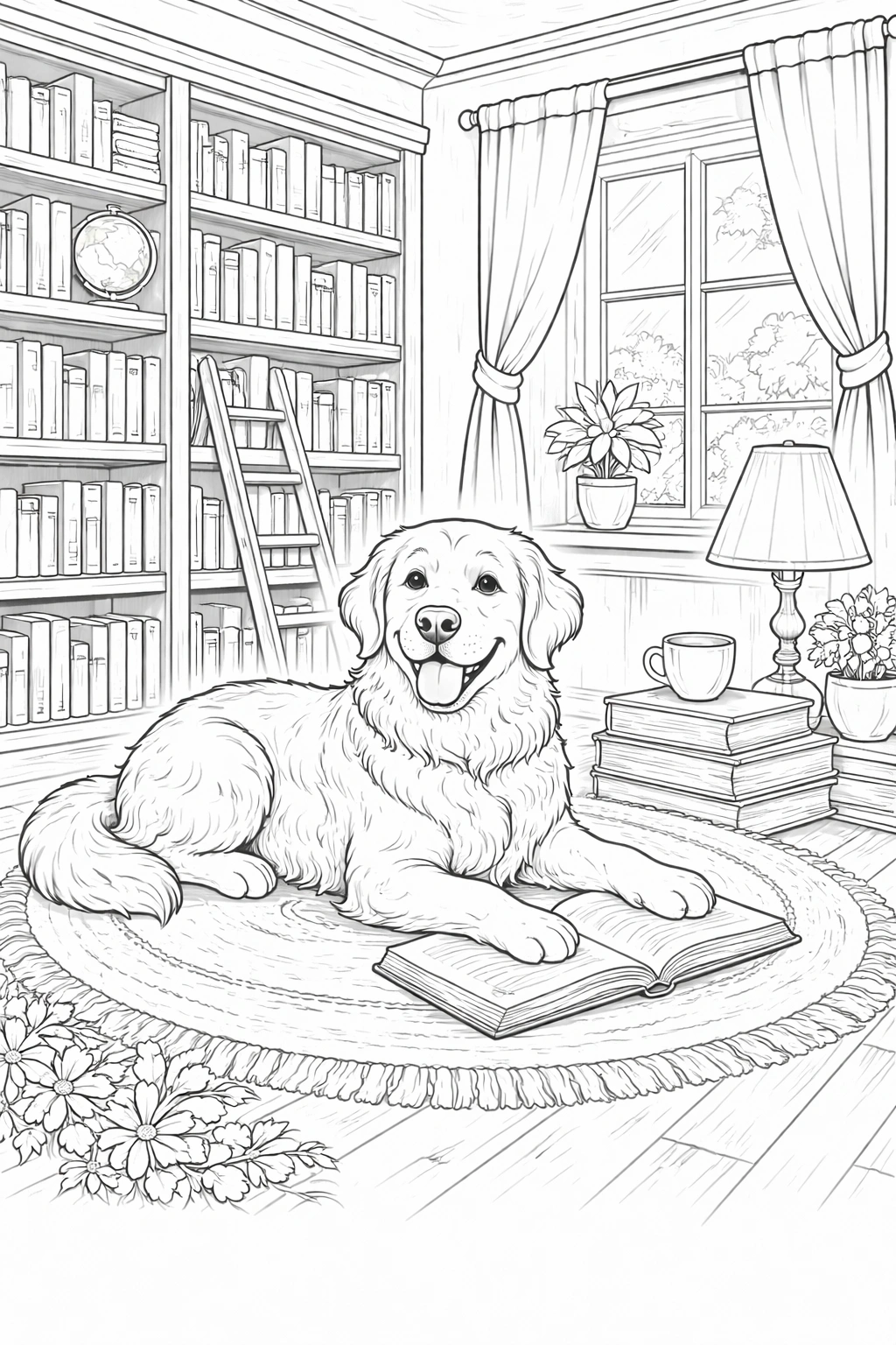 Dog in Cozy Library Coloring Page