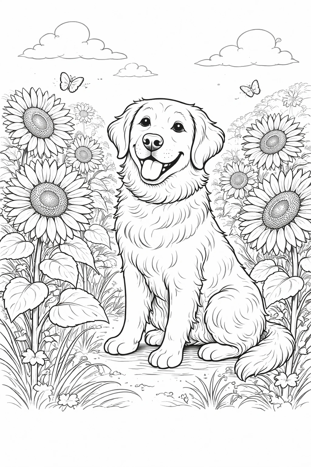 Dog with Sunflowers Coloring Page