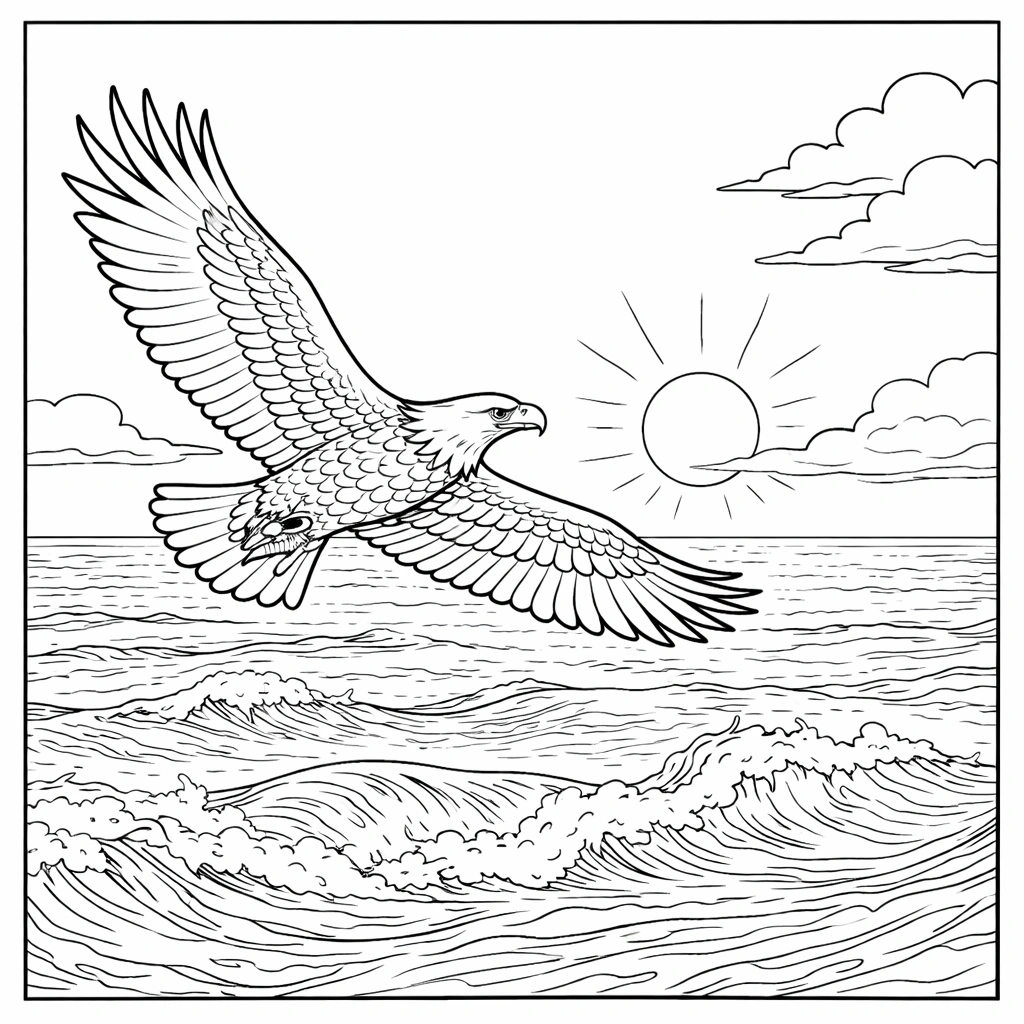 Eagle Flying Over Ocean Coloring Page
