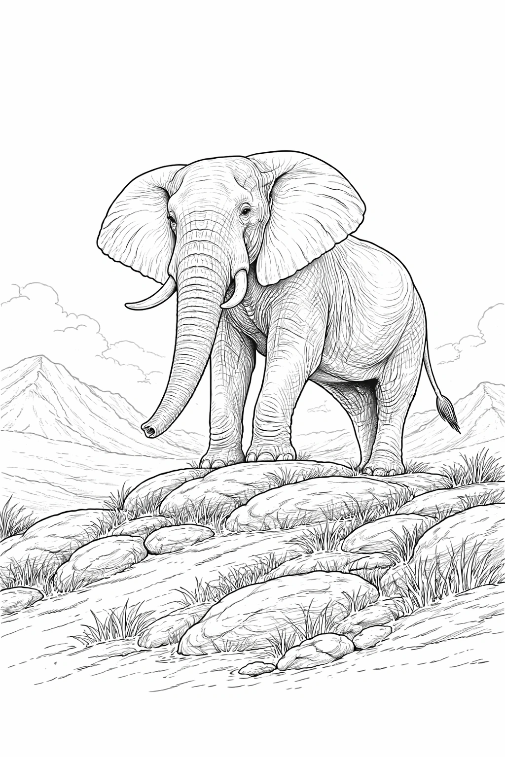 Elephant on Rocky Path Coloring Page