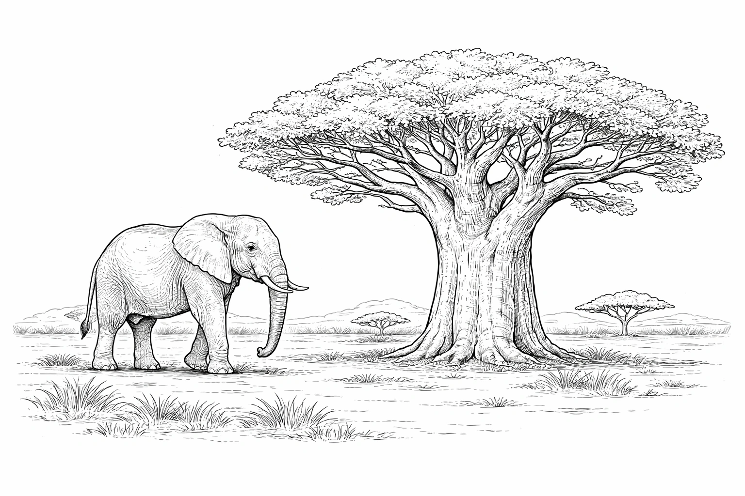 Elephant by Big Tree Coloring Page
