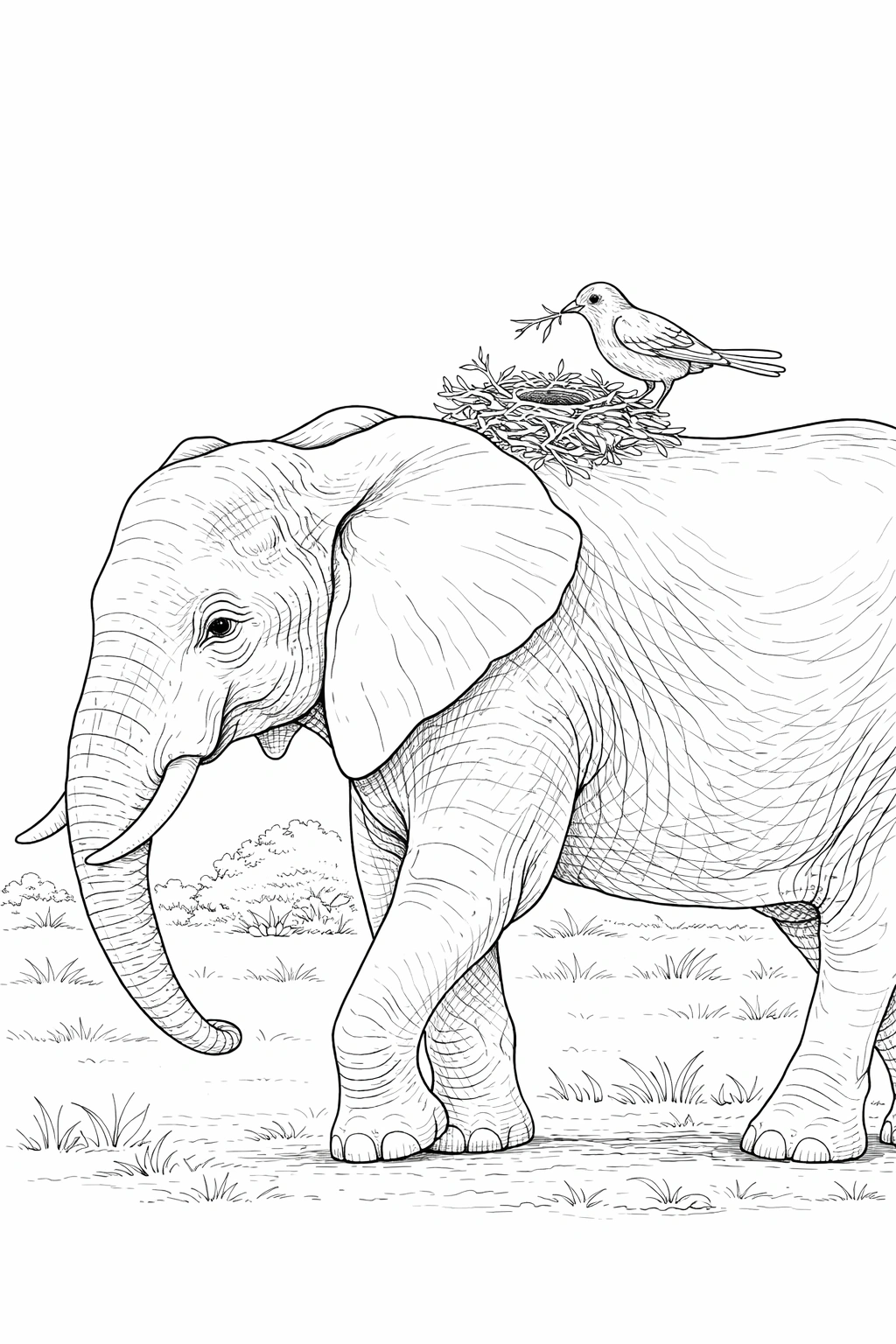 Elephant and Bird Shoulder Perch Coloring Page