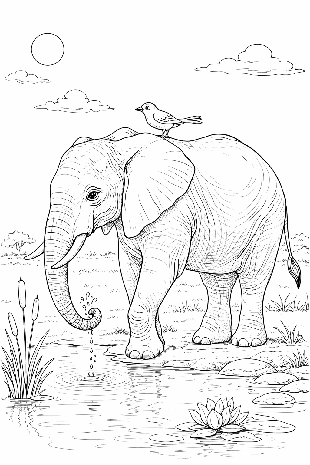 Elephant and Bird Morning Scene Coloring Page