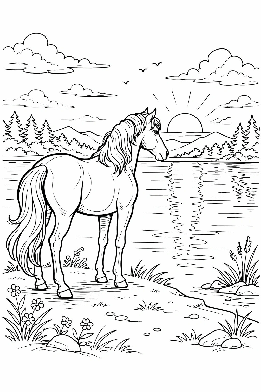 Horse by Lake Coloring Page