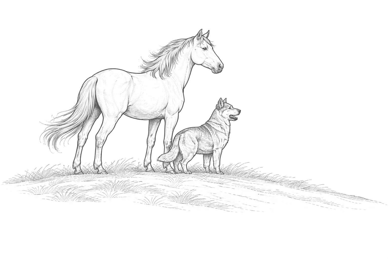 Horse and Wolf Friendship Coloring Page