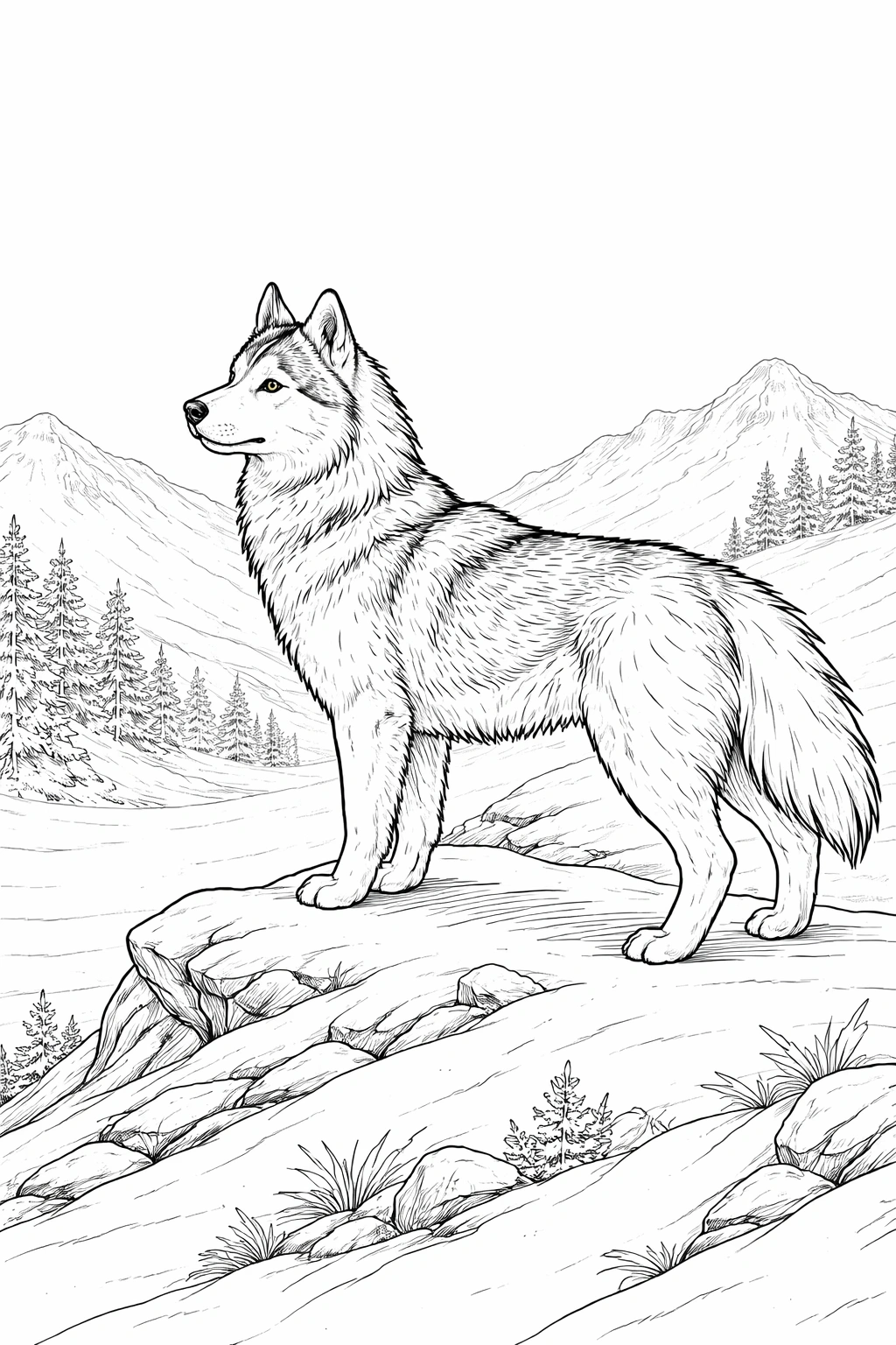 Husky Dog on Mountain Ridge Coloring Page