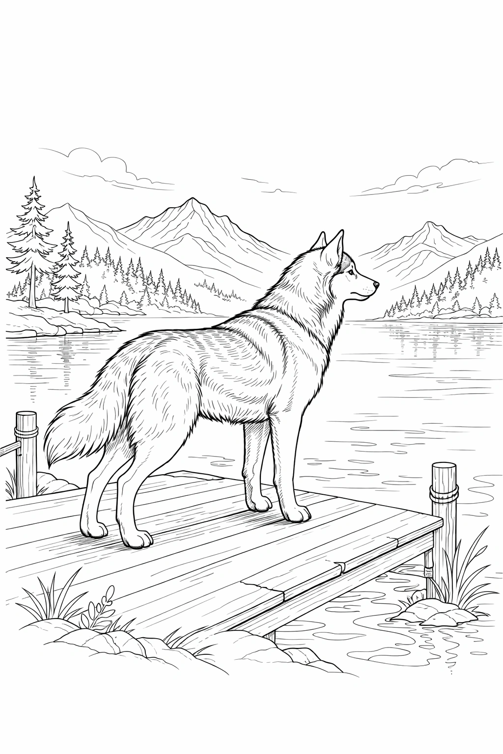 Husky Dog by Lake Dock Coloring Page