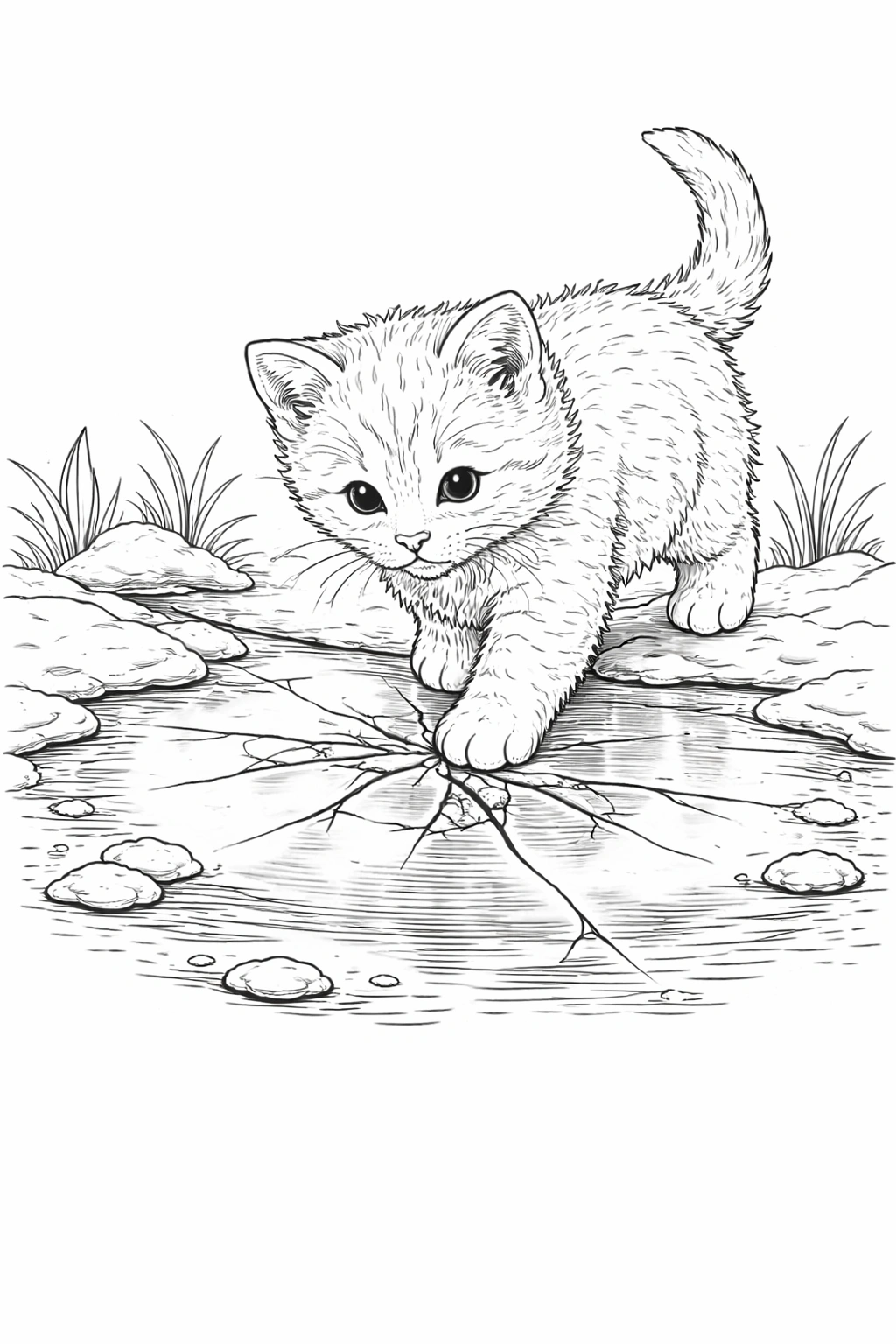 Kitten Walking by Puddle Coloring Page