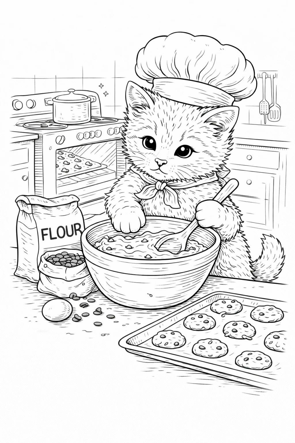 Kitten Baking Coloring Page