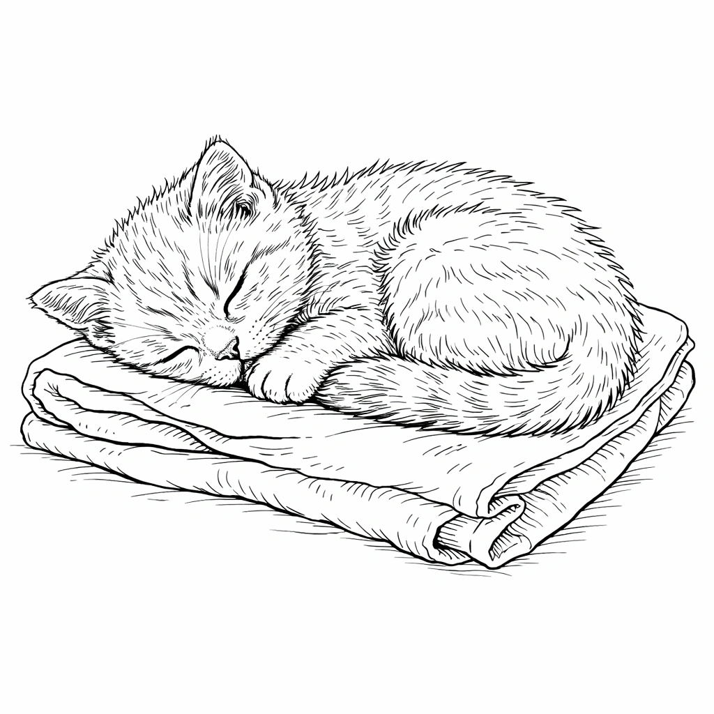 Sleeping Kitten on Blanket Coloring Page