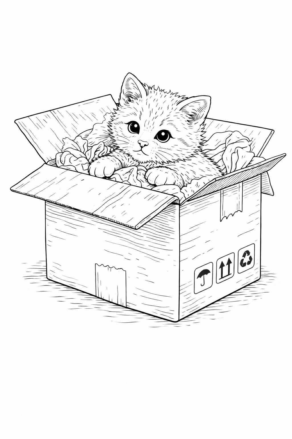 Kitten in Cardboard Box Coloring Page