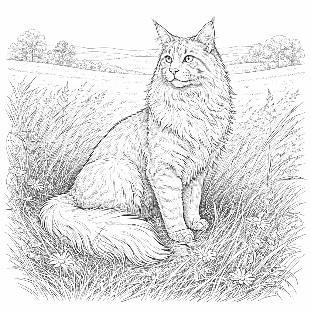 Sitting Maine Coon Cat Coloring Page