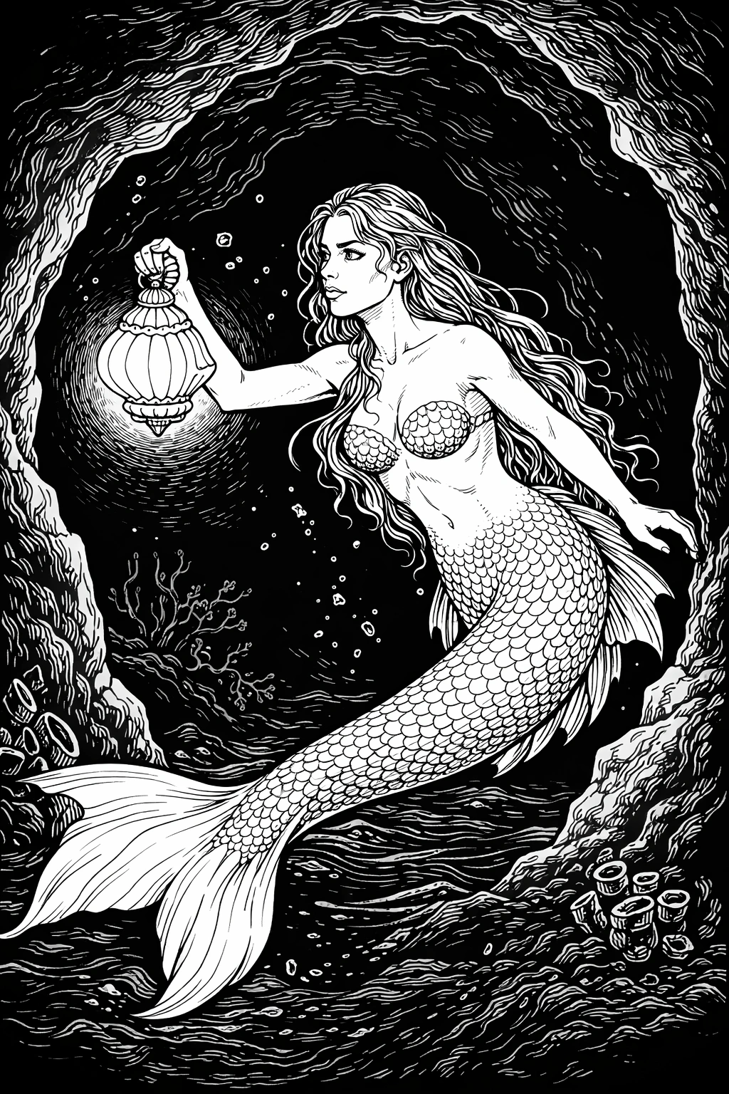 Mermaid with Lantern Coloring Page