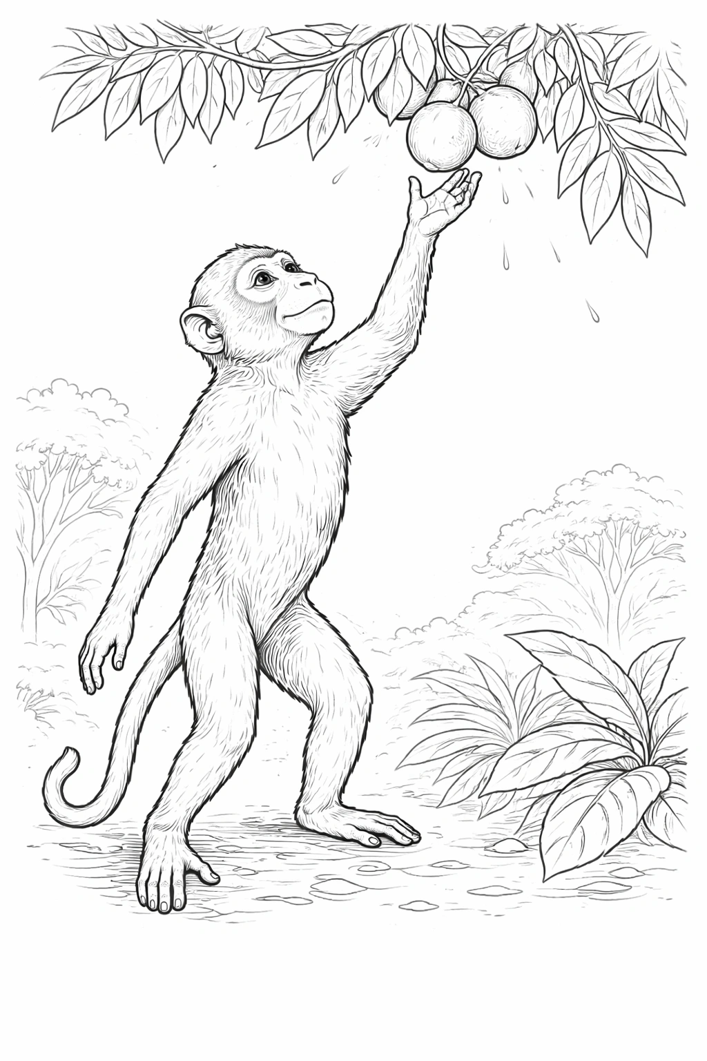 Monkey Reaching for Fruit Coloring Page