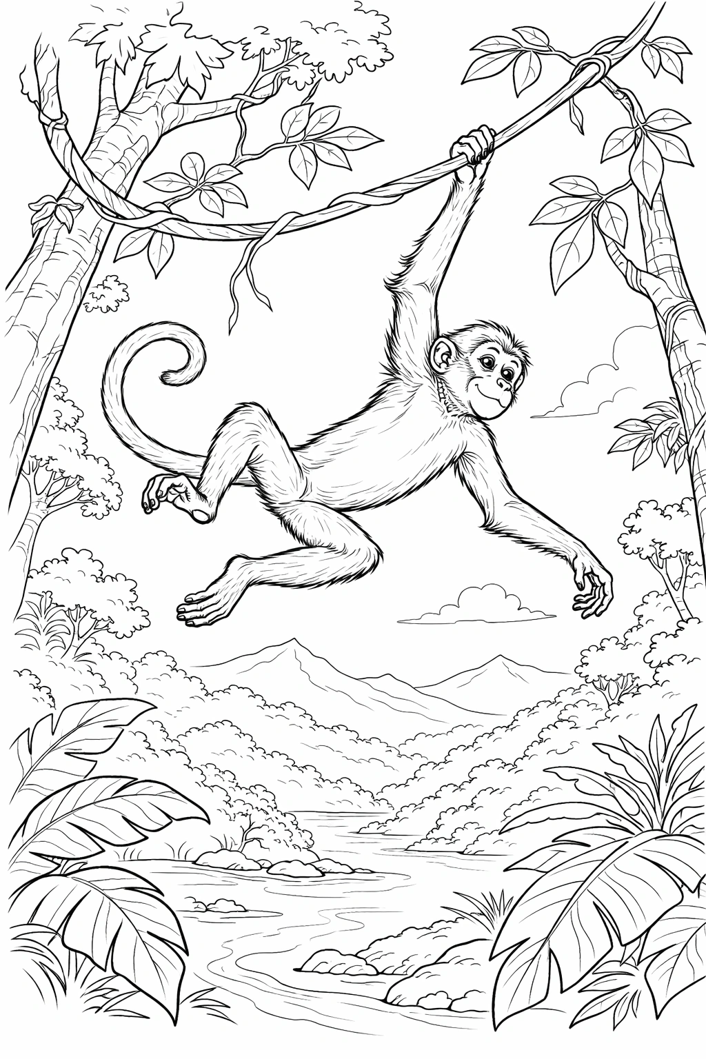 Monkey Swinging in Jungle Coloring Page