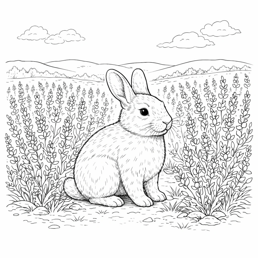 Rabbit in Flower Field Coloring Page