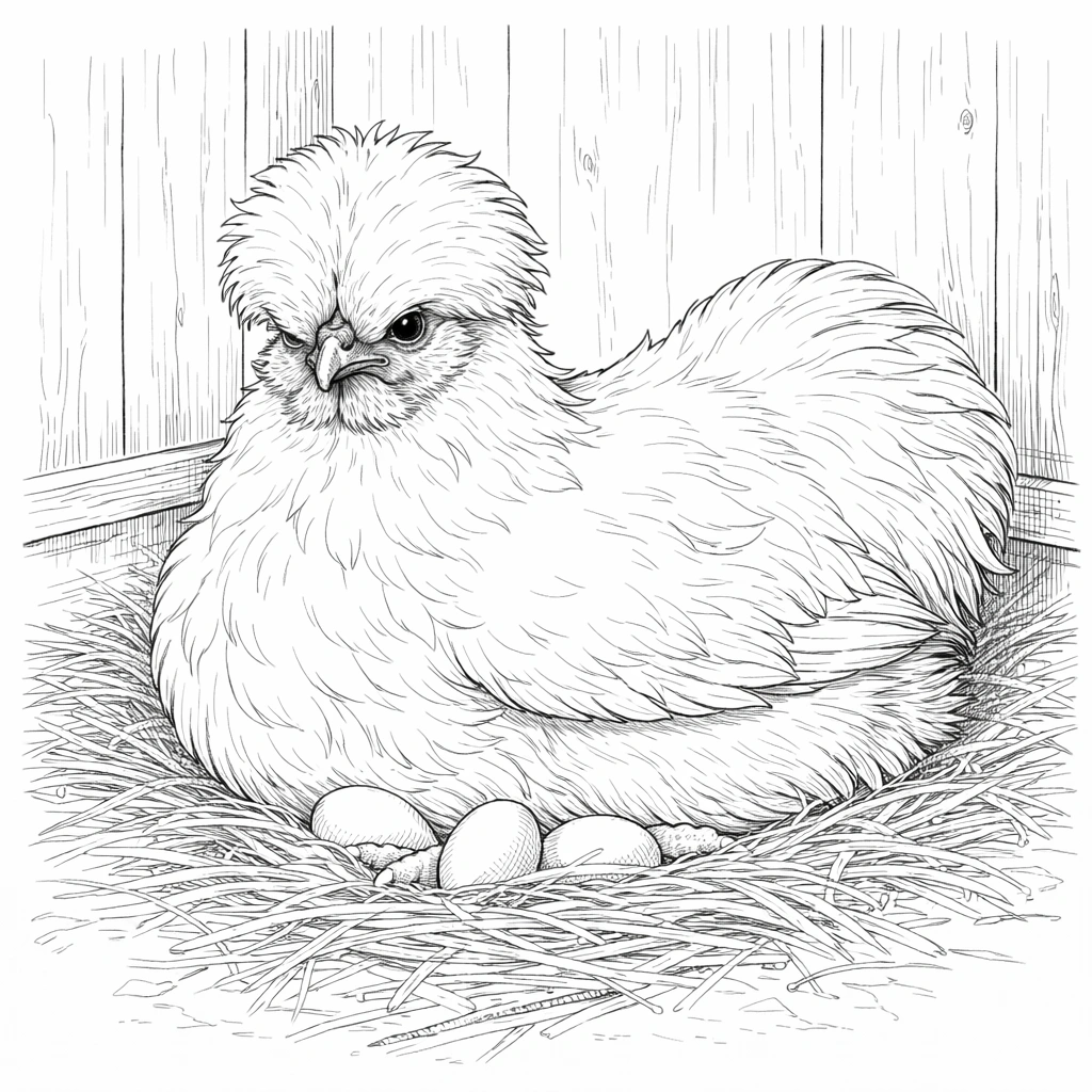 Silkie Chicken on Nest Coloring Page