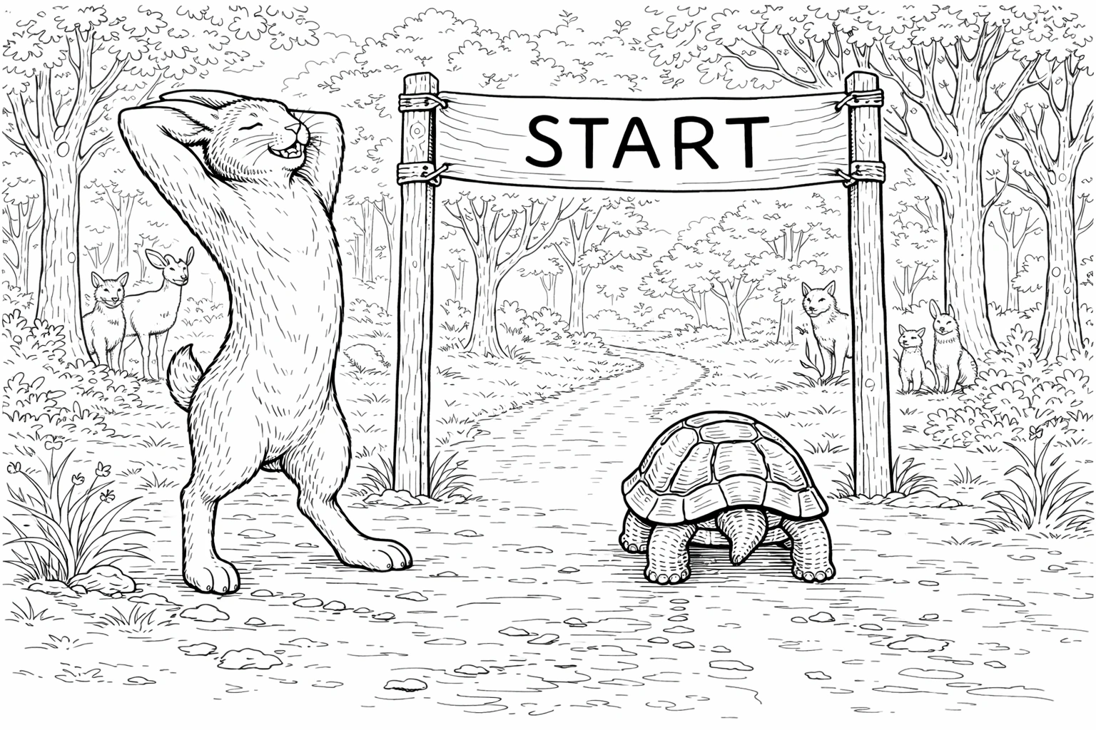 Hare and Tortoise at Start Line Coloring Page