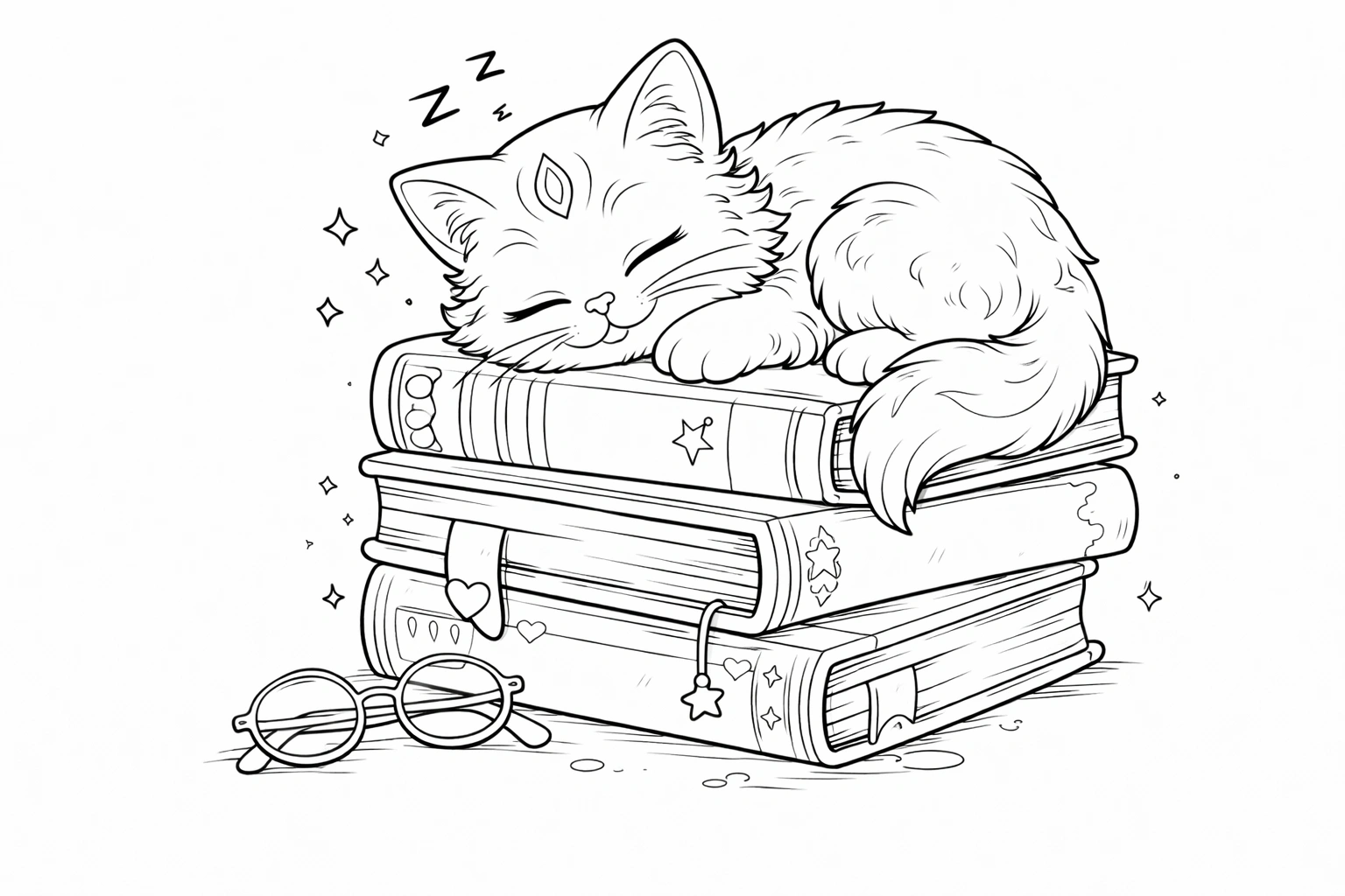 Kitten Sleeping on Books Coloring Page