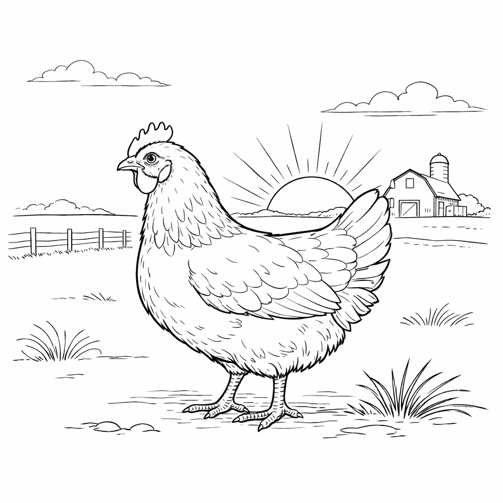 Chicken at Sunrise Coloring Page