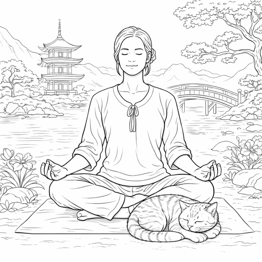 Outdoor Meditation with Cat Coloring Page
