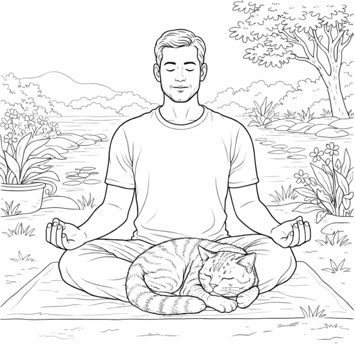 Meditation Outdoors with Sleeping Cat Coloring Page
