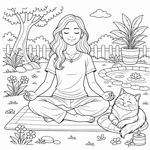 Peaceful Yoga with Cat Coloring Page