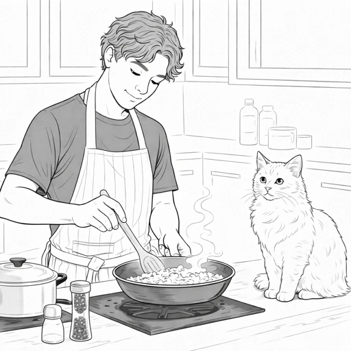 Stir Fry with Cat Coloring Page