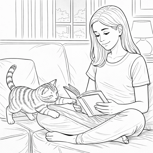 Reading on Floor with Cat Coloring Page
