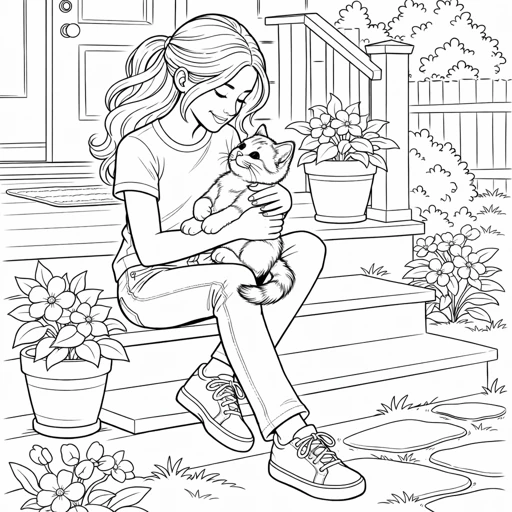 Holding Cat on Steps Coloring Page
