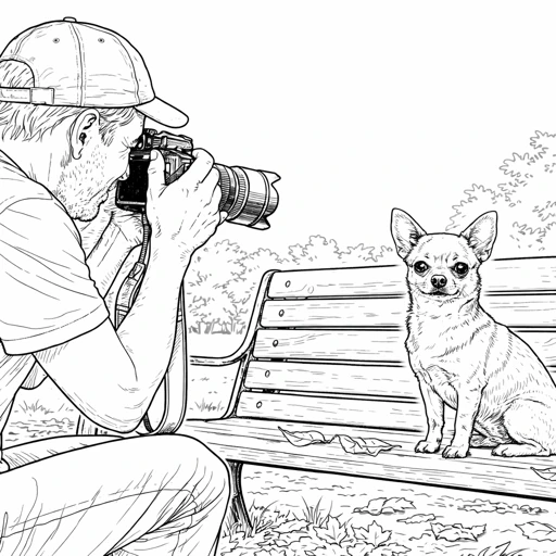 Photographer with Small Dog on Bench Coloring Page
