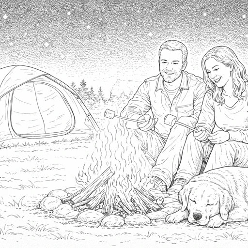 Couple by Campfire with Dog Coloring Page