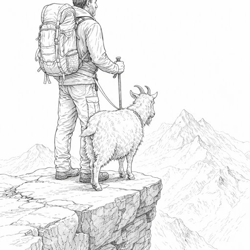 Traveler Walking with Goat Coloring Page