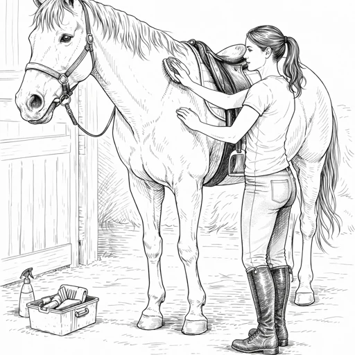 Young Woman Grooming Horse Coloring Page