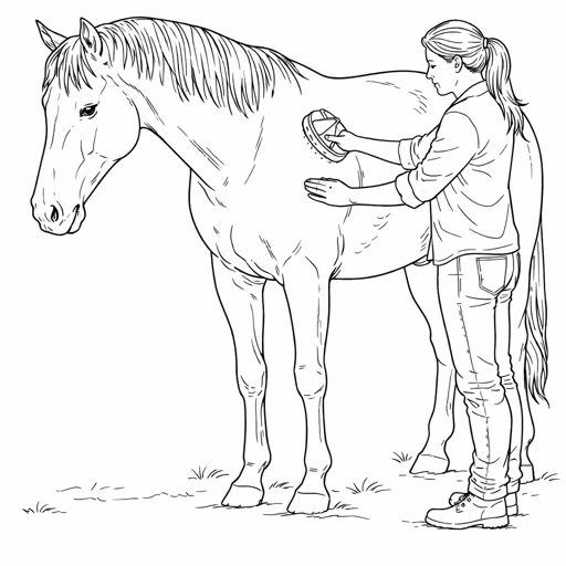 Woman Grooming Horse Side View Coloring Page