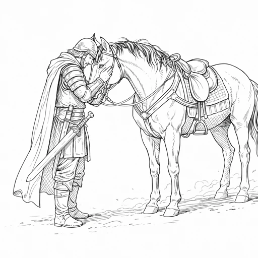 Medieval Rider with Horse Coloring Page