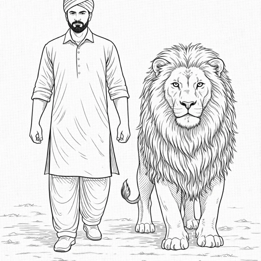 Man Walking with Lion Coloring Page