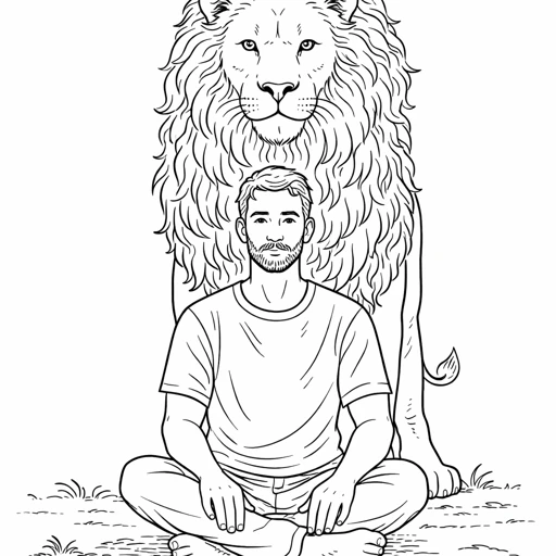 Man Sitting with Lion Coloring Page
