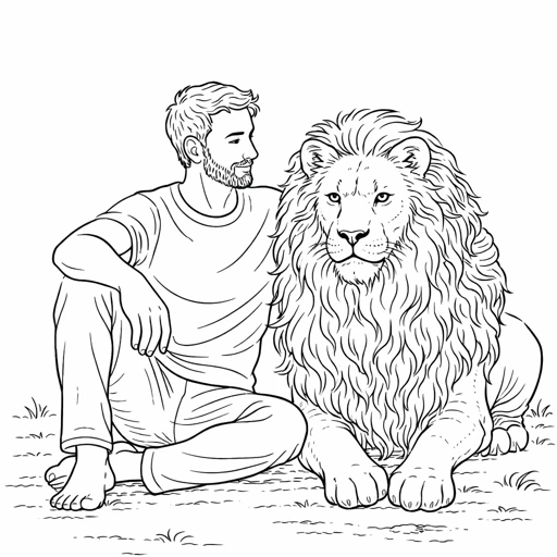 Man Sitting Next to Lion Coloring Page
