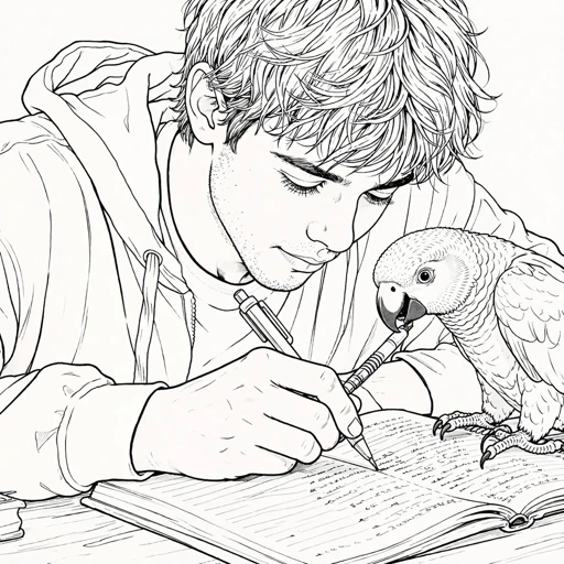 Boy Writing Beside Parrot Coloring Page