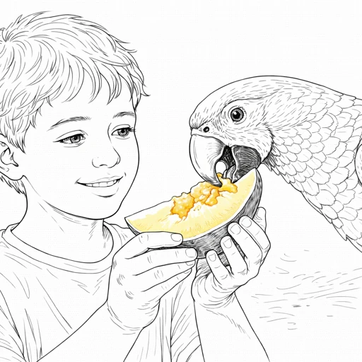 Boy Feeding Parrot Fruit Coloring Page