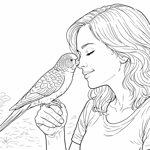 Woman Face to Face with Small Parrot Coloring Page