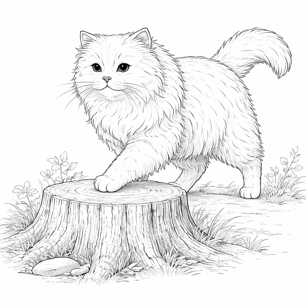 Persian Cat on Tree Stump Coloring Page