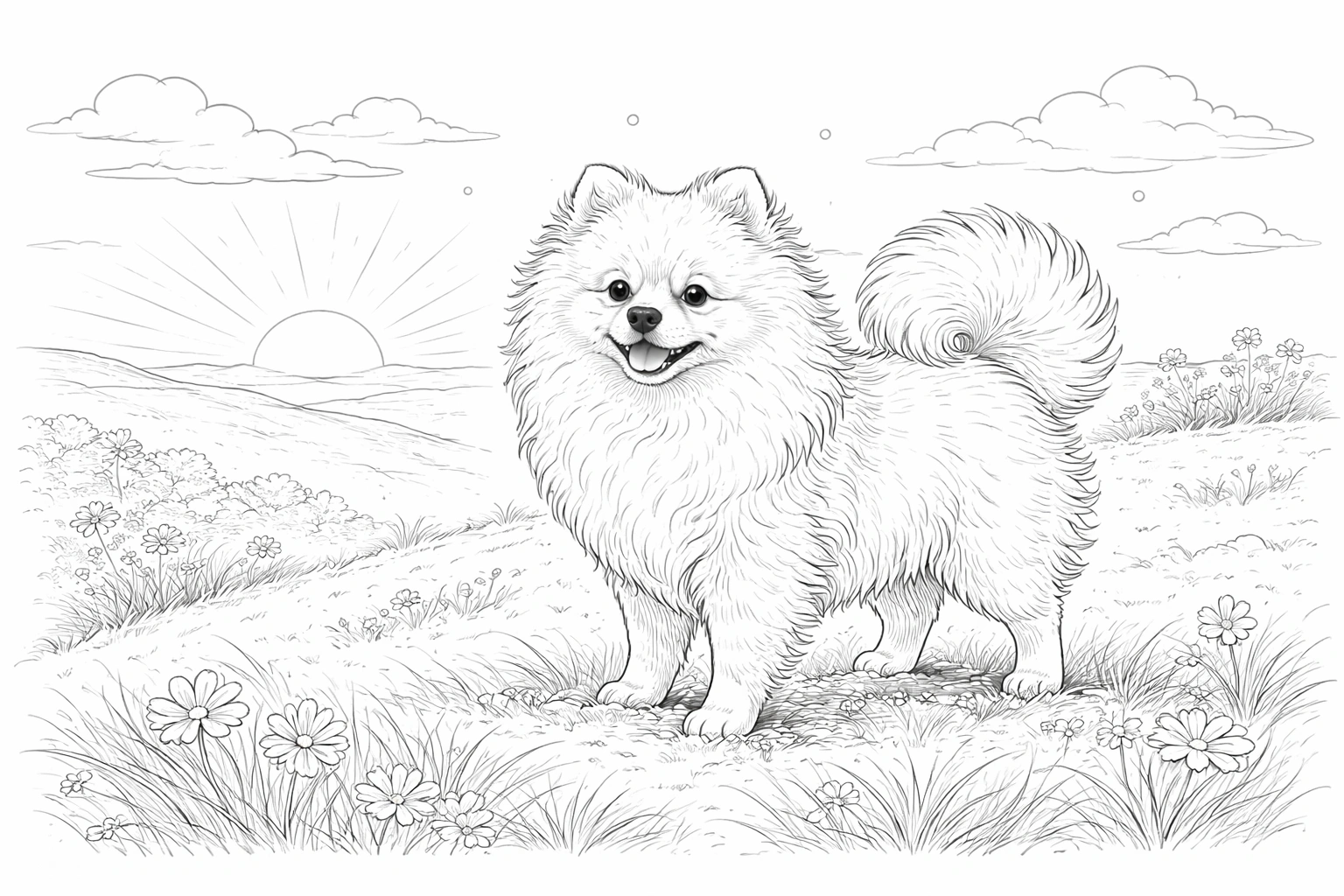 Pomeranian Dog in Meadow Coloring Page